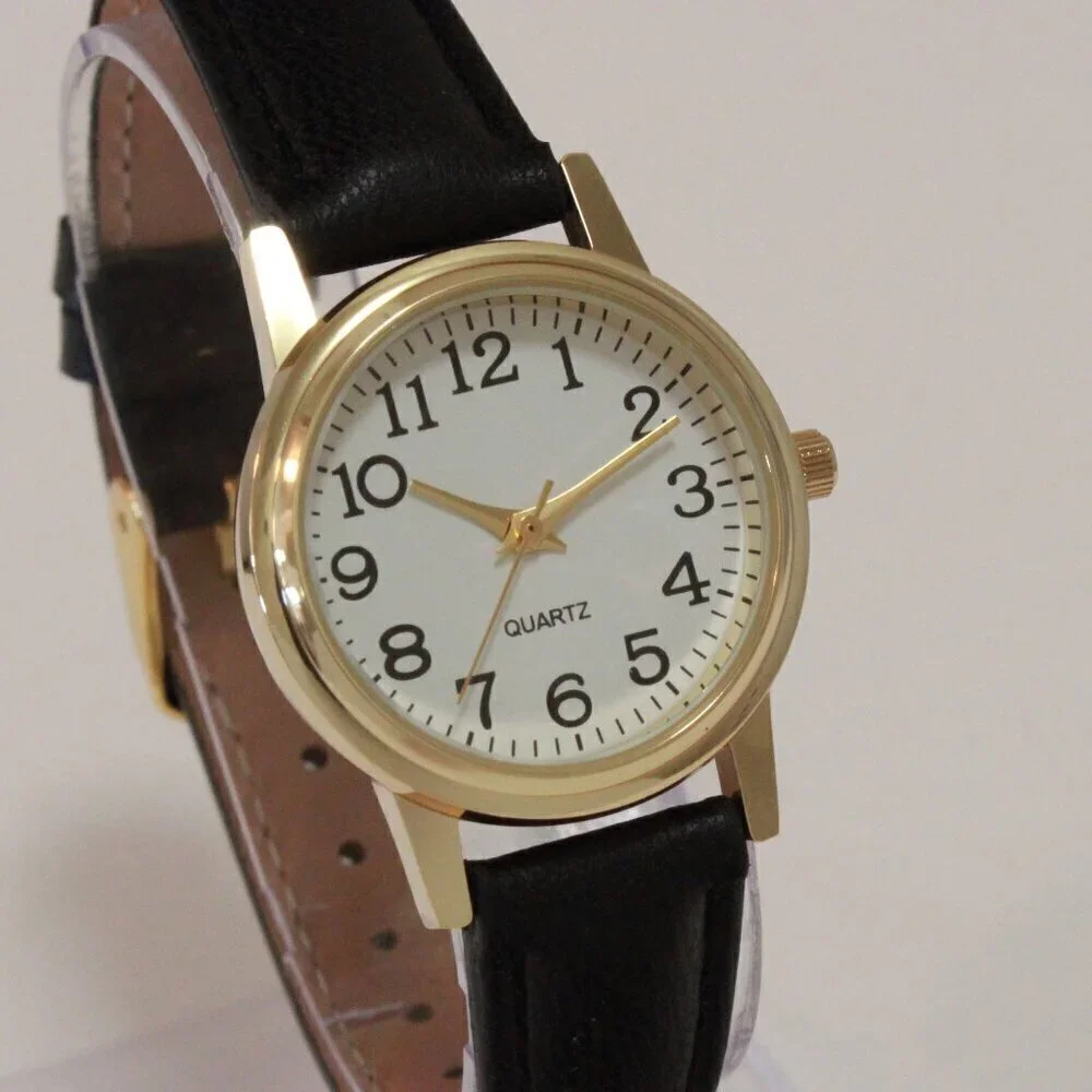 Ladies Easy Reader Dress Quartz Watch Gold-toned Black Strap White Dial 28mm